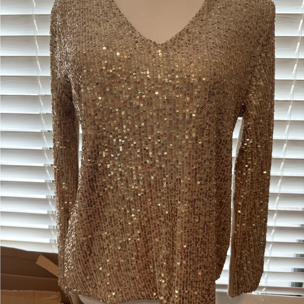 Sequin V-Neck Sweater - Gold